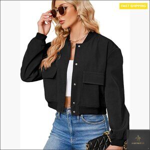 Cropped Bomber Jacket Women Long Sleeve Button Down Casual Varsity Jacket